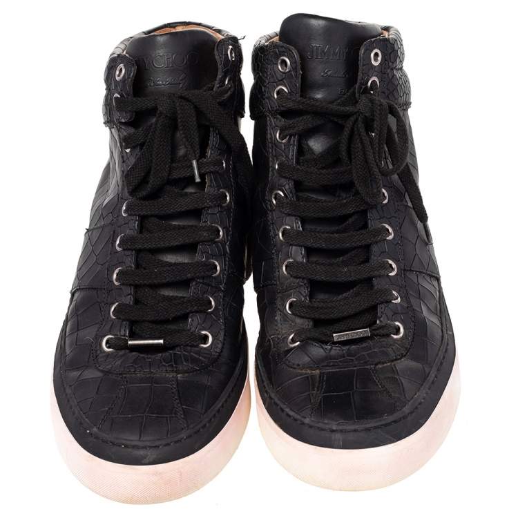 Pre Owned Jimmy Choo Black Crocodile Embossed Leather Belgravia High Top Sneakers Size 45