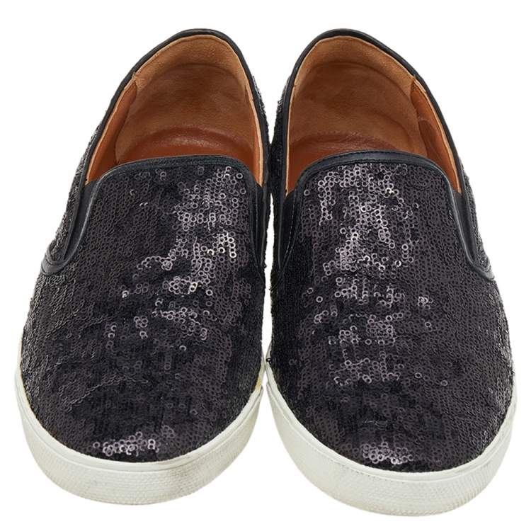 Pre Owned Jimmy Choo Black Leather And Sequin Slip on Sneakers Size 41