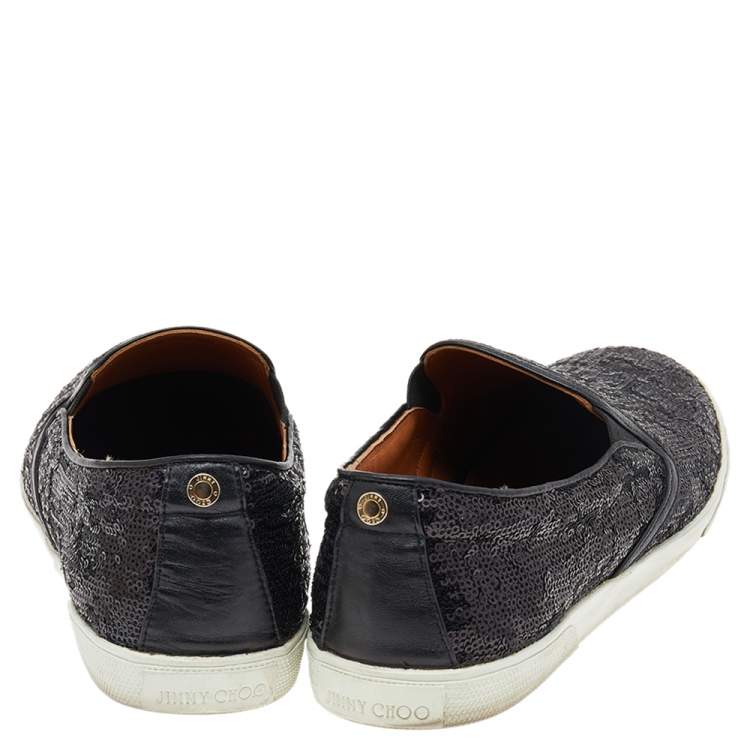 Pre Owned Jimmy Choo Black Leather And Sequin Slip on Sneakers Size 41