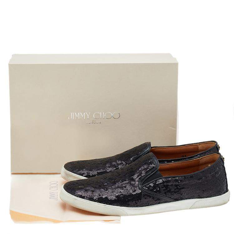 Pre Owned Jimmy Choo Black Leather And Sequin Slip on Sneakers Size 41