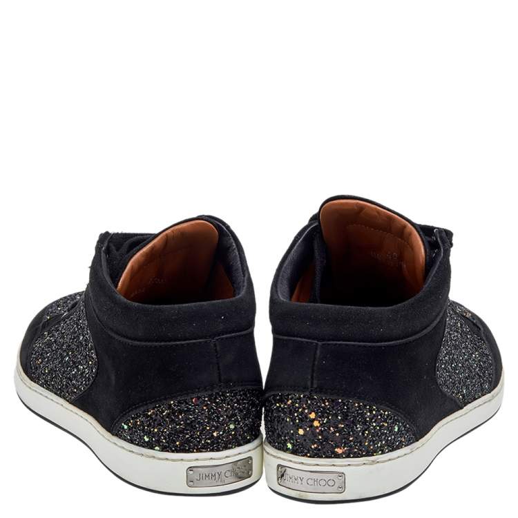 Pre Owned Jimmy Choo Black Glitter And Suede Miami Lace Up Sneakers Size 40