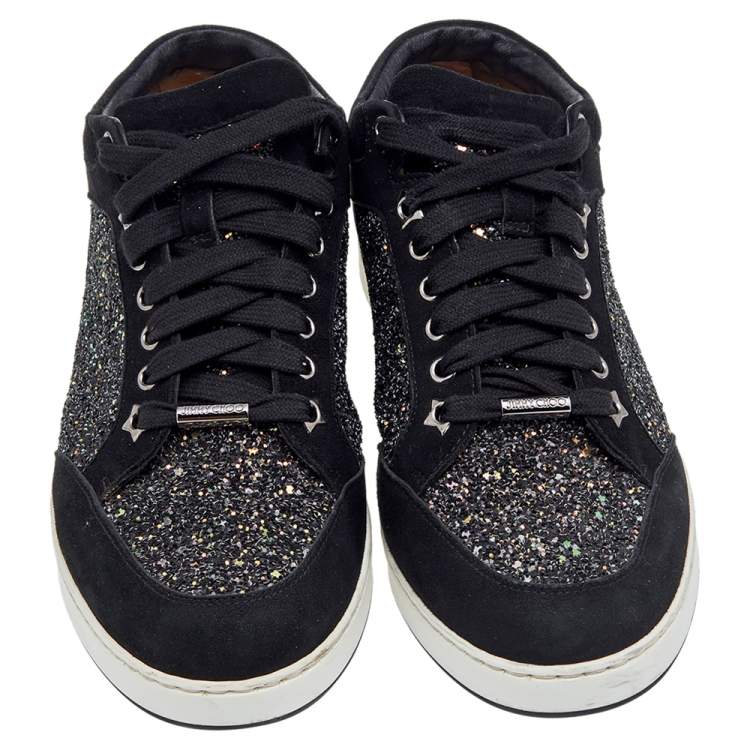 Pre Owned Jimmy Choo Black Glitter And Suede Miami Lace Up Sneakers Size 40