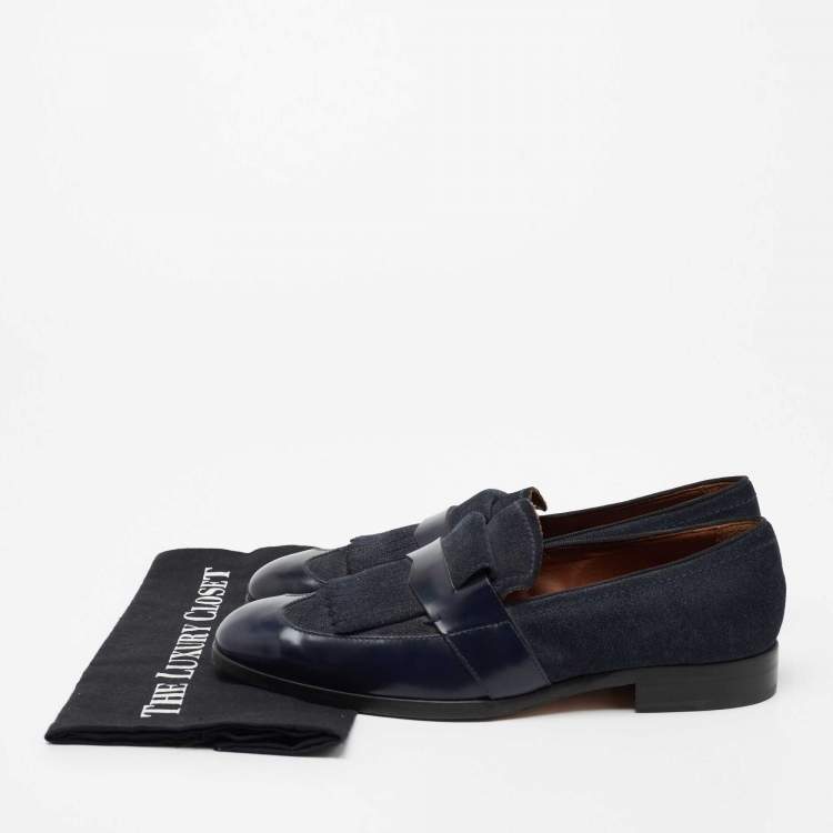 Pre Owned Jimmy Choo Navy Blue Leather and Denim Loafers  Size 41