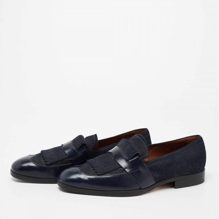 Pre Owned Jimmy Choo Navy Blue Leather and Denim Loafers  Size 41