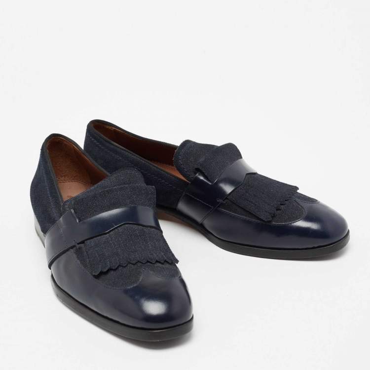 Pre Owned Jimmy Choo Navy Blue Leather and Denim Loafers  Size 41