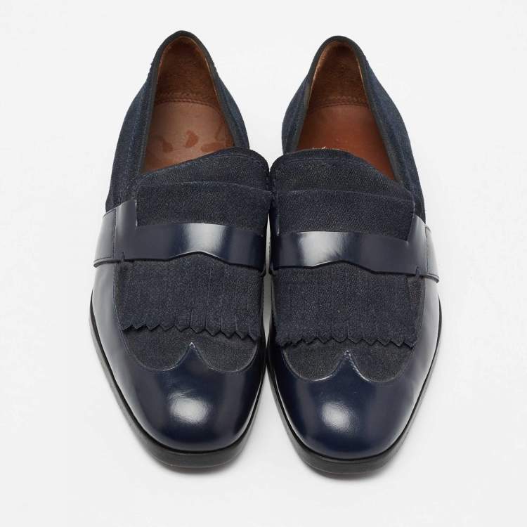 Pre Owned Jimmy Choo Navy Blue Leather and Denim Loafers  Size 41