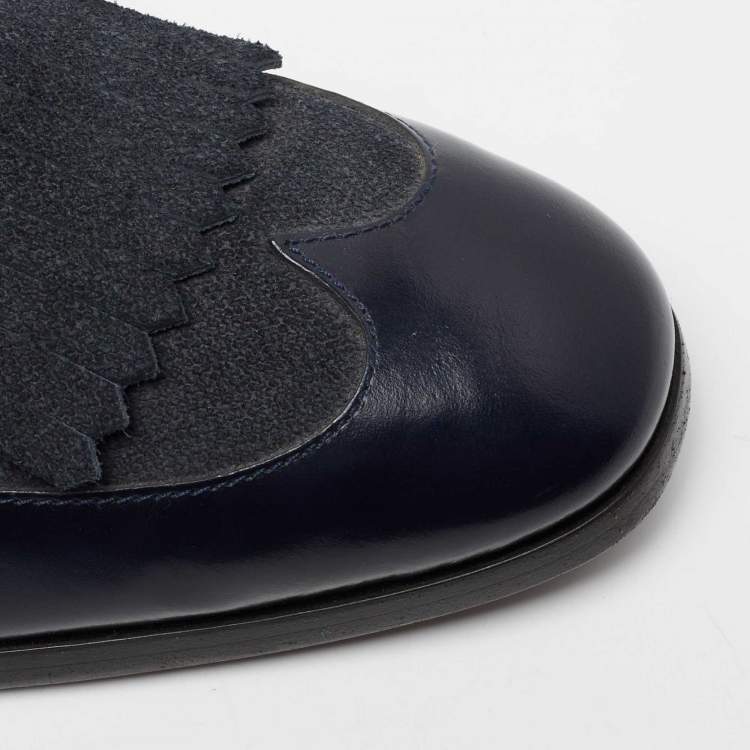 Pre Owned Jimmy Choo Navy Blue Leather and Denim Loafers  Size 41