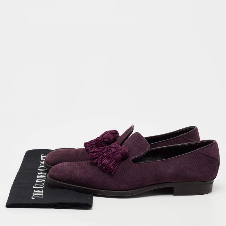 Pre Owned Jimmy Choo Plum Suede Foxley Tassel Loafers Size 42.5