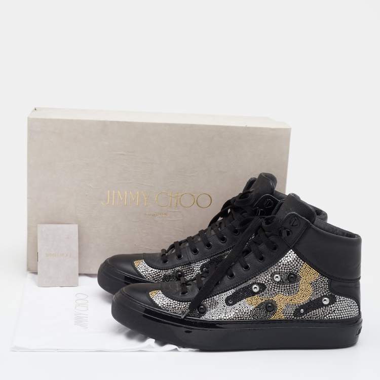Pre Owned Jimmy Choo Black Leather Argyle Embellished High Top Sneakers Size 43