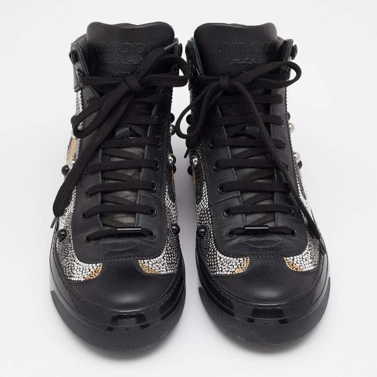 Pre Owned Jimmy Choo Black Leather Argyle Embellished High Top Sneakers Size 43
