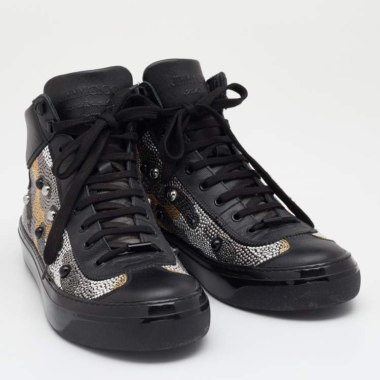 Pre Owned Jimmy Choo Black Leather Argyle Embellished High Top Sneakers Size 43