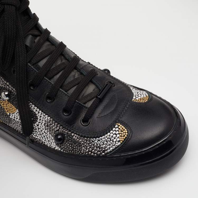 Pre Owned Jimmy Choo Black Leather Argyle Embellished High Top Sneakers Size 43