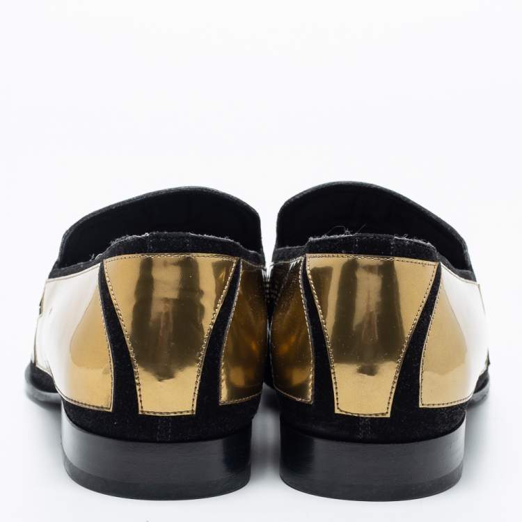 Pre Owned Jimmy Choo Gold Patent And Suede Slip On Loafers Size 46