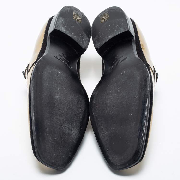 Pre Owned Jimmy Choo Gold Patent And Suede Slip On Loafers Size 46
