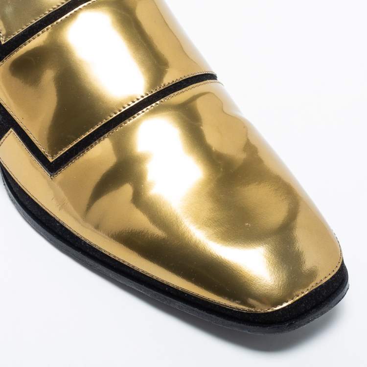 Pre Owned Jimmy Choo Gold Patent And Suede Slip On Loafers Size 46