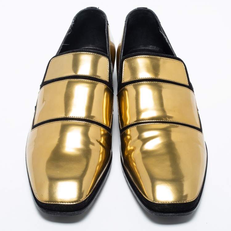 Pre Owned Jimmy Choo Gold Patent And Suede Slip On Loafers Size 46