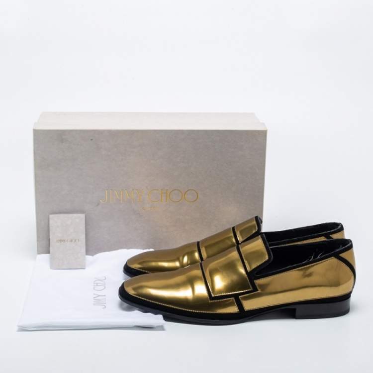 Pre Owned Jimmy Choo Gold Patent And Suede Slip On Loafers Size 46