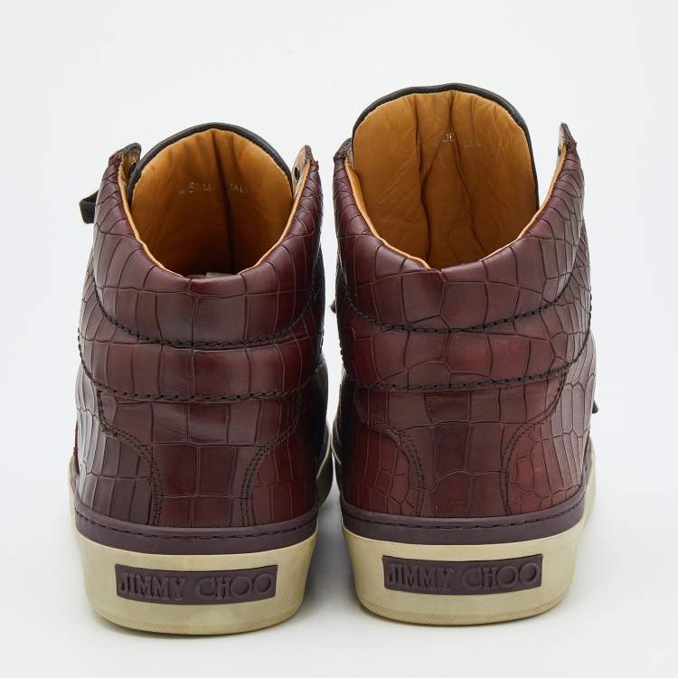 Pre Owned Jimmy Choo Dark Brown Croc Embossed Leather Belgravia High Top Sneakers Size 45