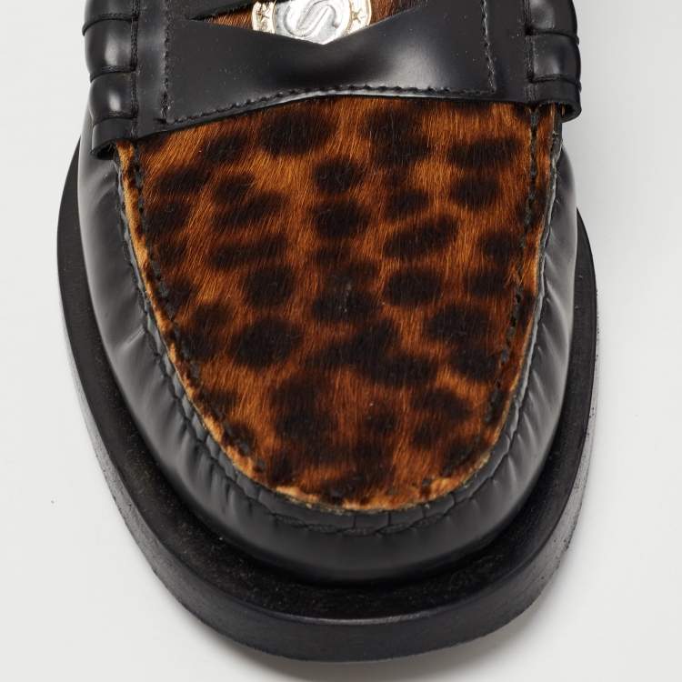 Pre Owned Jimmy Choo Black/Brown Leopard Print Calfhair and Leather Penny Loafers Size 39.5