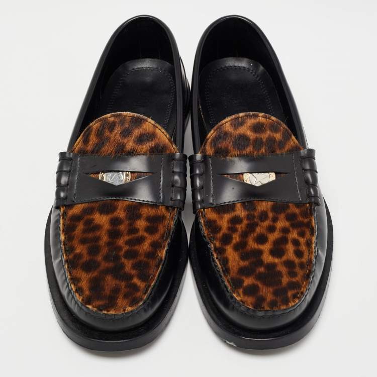 Pre Owned Jimmy Choo Black/Brown Leopard Print Calfhair and Leather Penny Loafers Size 39.5