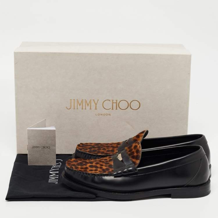 Pre Owned Jimmy Choo Black/Brown Leopard Print Calfhair and Leather Penny Loafers Size 39.5