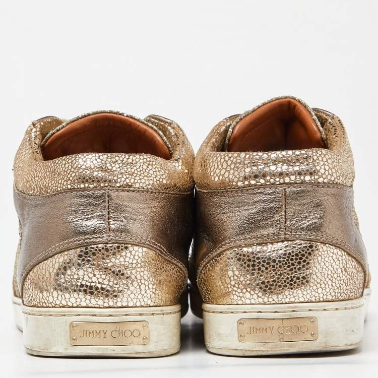 Pre Owned Jimmy Choo Gold Leather and Coarse Glitter Miami High Top Sneakers Size 41