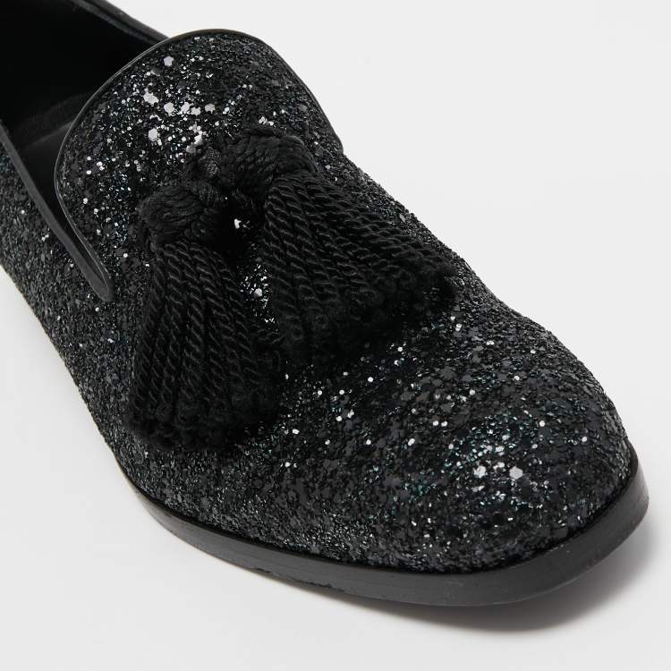 مملوكة مسبقًا Jimmy Choo Black Coarse Glitter Foxley Smoking Slippers Size 39