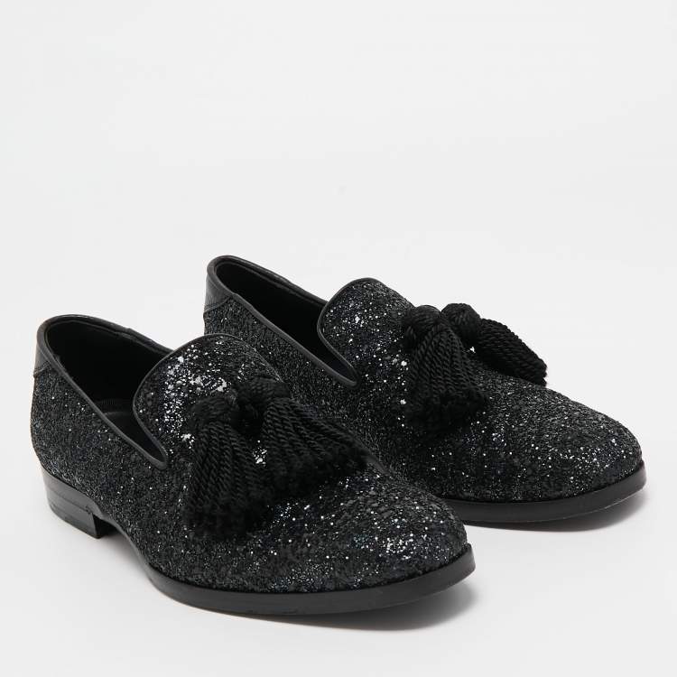 مملوكة مسبقًا Jimmy Choo Black Coarse Glitter Foxley Smoking Slippers Size 39
