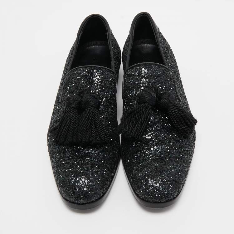 مملوكة مسبقًا Jimmy Choo Black Coarse Glitter Foxley Smoking Slippers Size 39