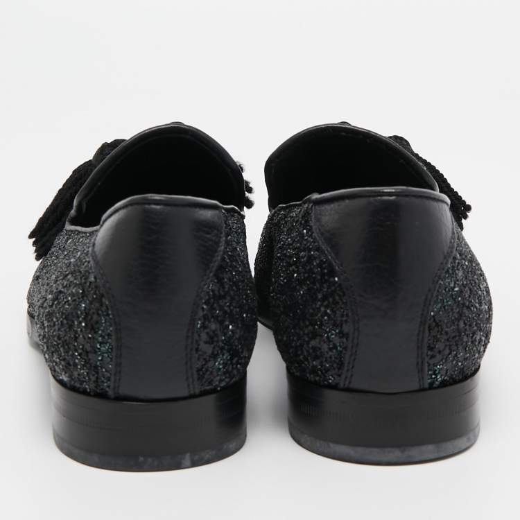 مملوكة مسبقًا Jimmy Choo Black Coarse Glitter Foxley Smoking Slippers Size 39
