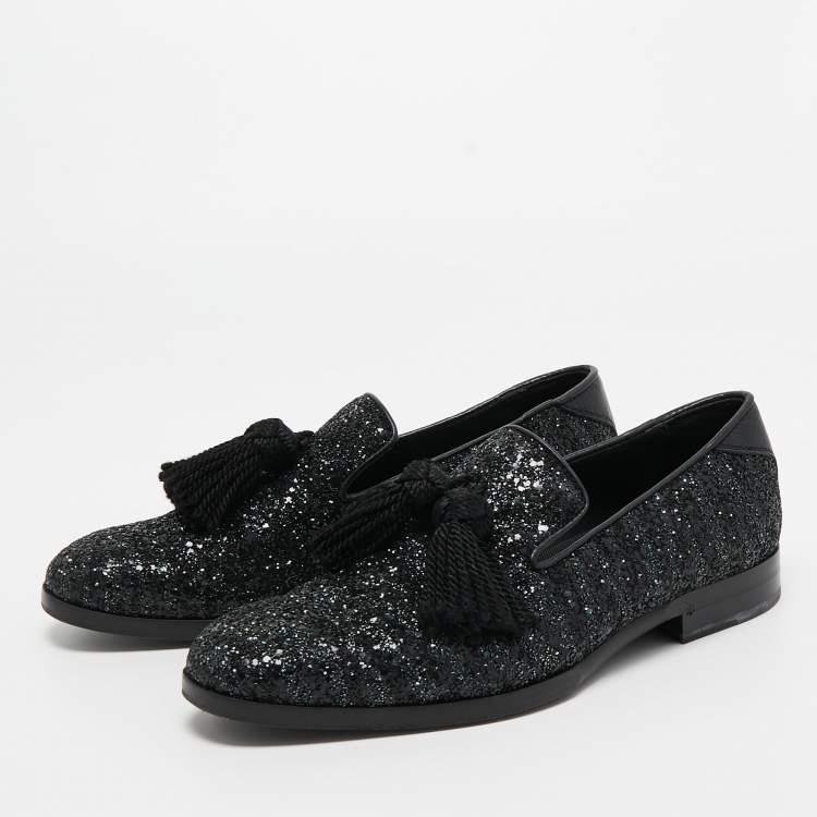 مملوكة مسبقًا Jimmy Choo Black Coarse Glitter Foxley Smoking Slippers Size 39