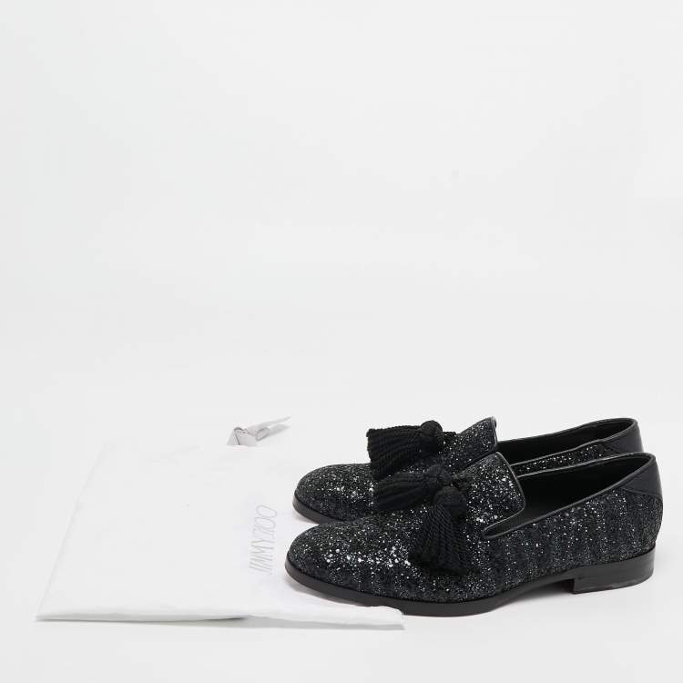 مملوكة مسبقًا Jimmy Choo Black Coarse Glitter Foxley Smoking Slippers Size 39