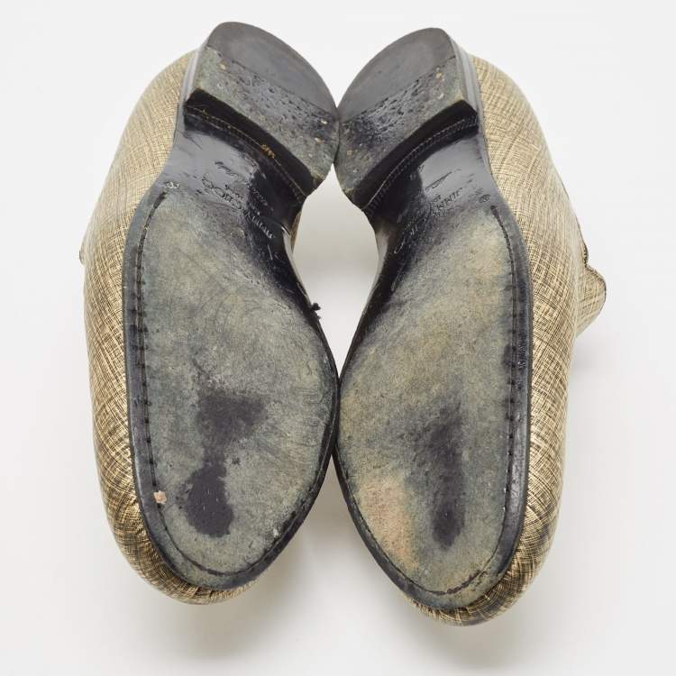 Pre Owned Jimmy Choo Gold/Black Textured Leather Sloane Smoking Slippers Size 43