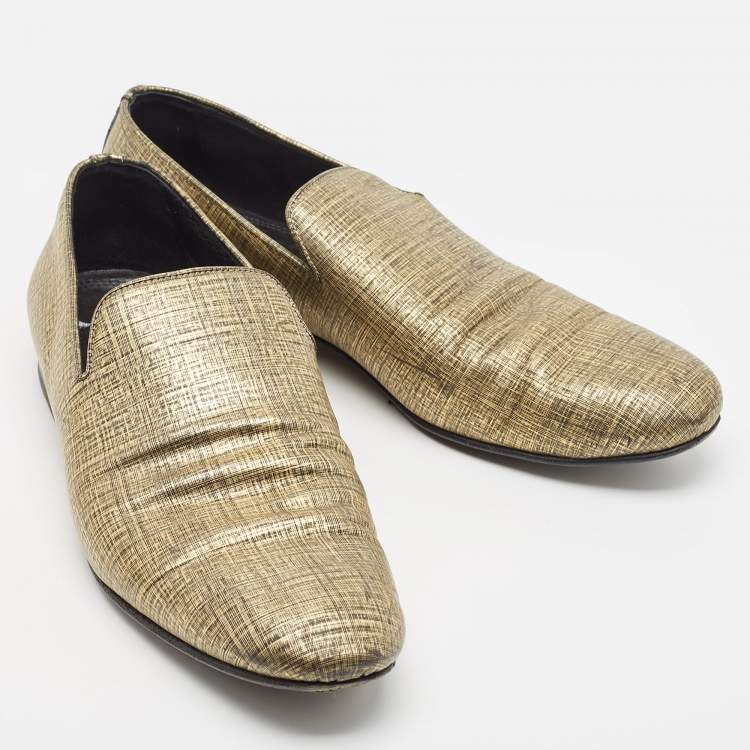 Pre Owned Jimmy Choo Gold/Black Textured Leather Sloane Smoking Slippers Size 43