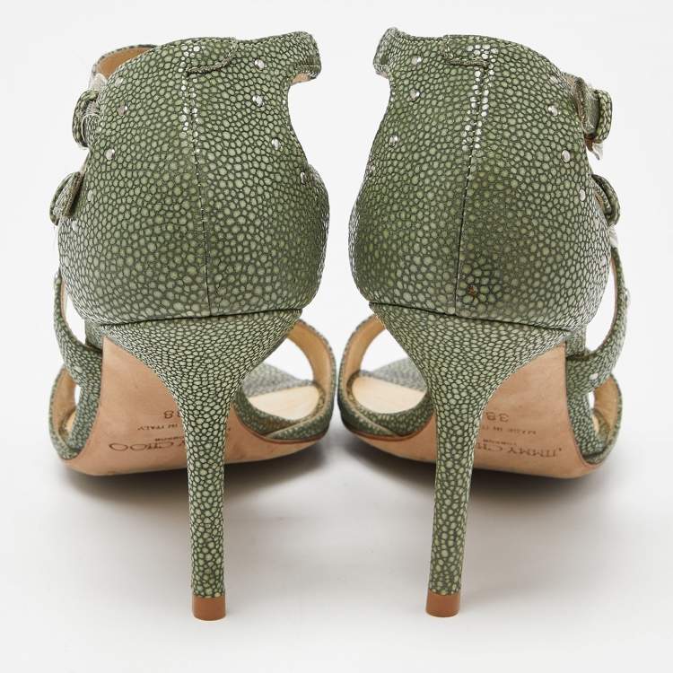 Pre Owned Jimmy Choo Green Textured Leather Ankle Strap Sandals Size 38
