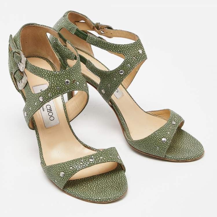 Pre Owned Jimmy Choo Green Textured Leather Ankle Strap Sandals Size 38