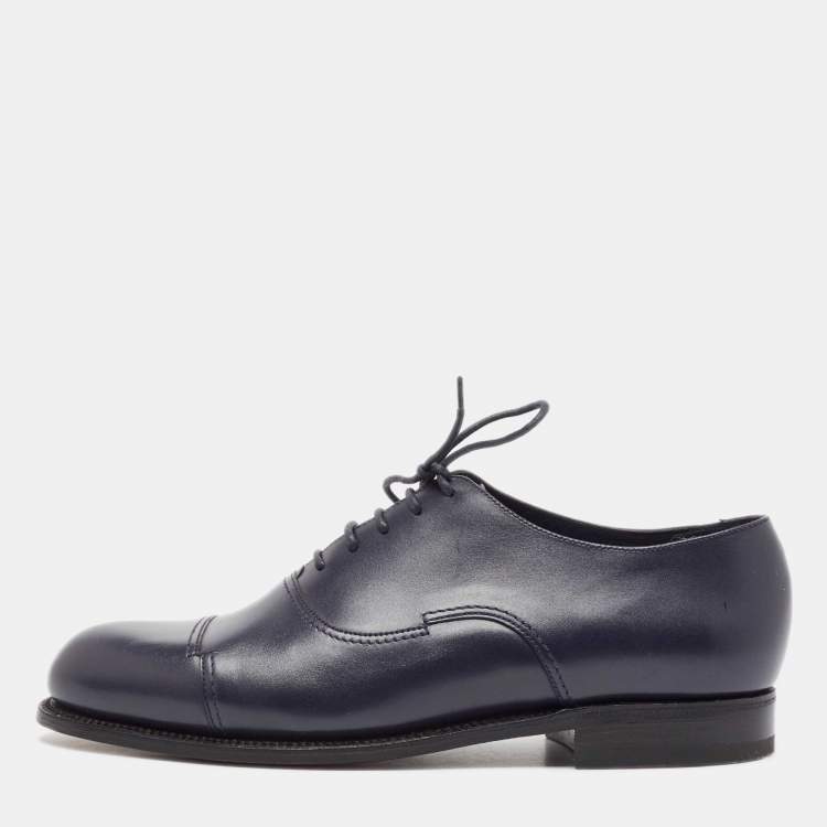 Pre Owned J.M.Weston Navy Blue Leather Lace Up Oxfords Size 41