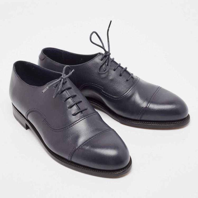 Pre Owned J.M.Weston Navy Blue Leather Lace Up Oxfords Size 41
