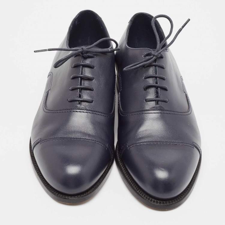 Pre Owned J.M.Weston Navy Blue Leather Lace Up Oxfords Size 41