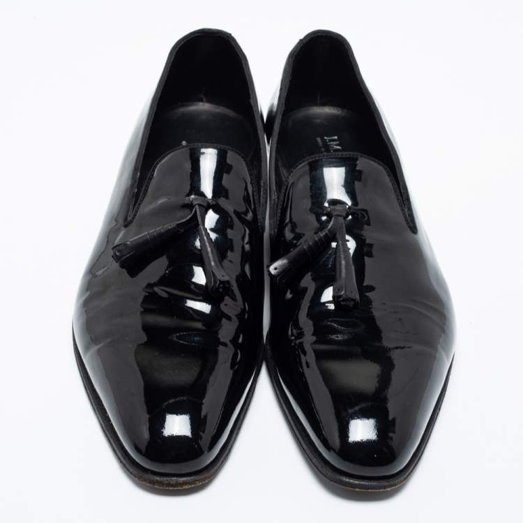 Pre Owned J.M.Weston Black Patent Leather Tassel Slip On Loafers Size 42