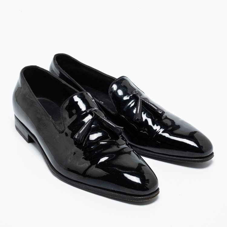 Pre Owned J.M.Weston Black Patent Leather Tassel Slip On Loafers Size 42