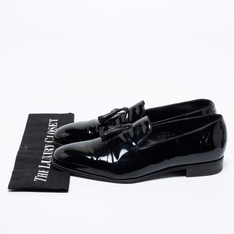 Pre Owned J.M.Weston Black Patent Leather Tassel Slip On Loafers Size 42