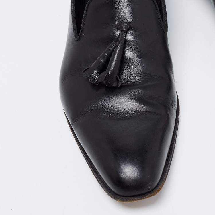 Pre Owned J.M.Weston Black Leather Tassel Slip On Loafers Size 42