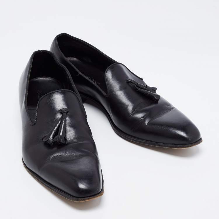 Pre Owned J.M.Weston Black Leather Tassel Slip On Loafers Size 42