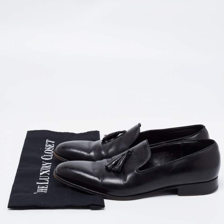 Pre Owned J.M.Weston Black Leather Tassel Slip On Loafers Size 42