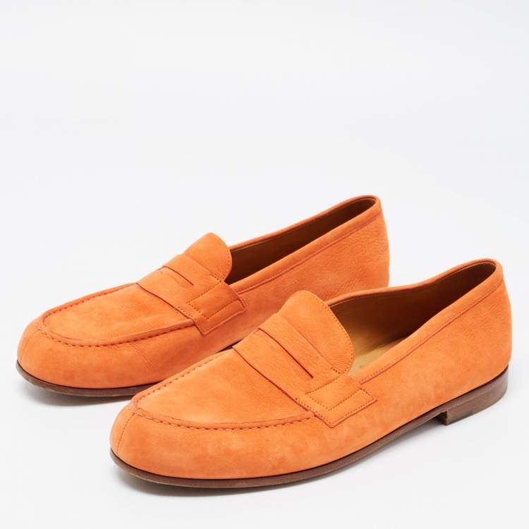 J.M.Weston Orange Nubuck Leather Le Moc Weston Loafers Size 43.5