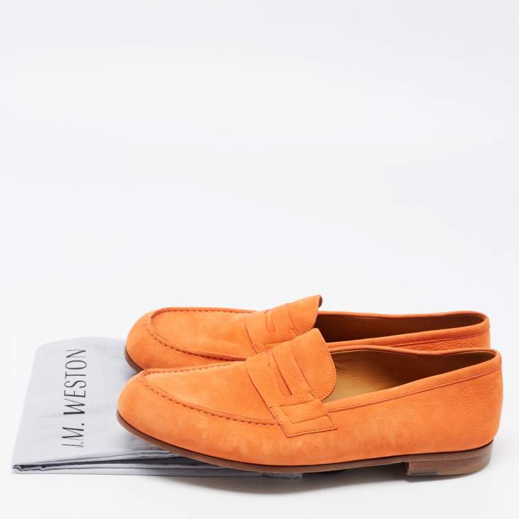Pre Owned J.M.Weston Orange Nubuck Leather Le Moc Weston Loafers Size 43.5