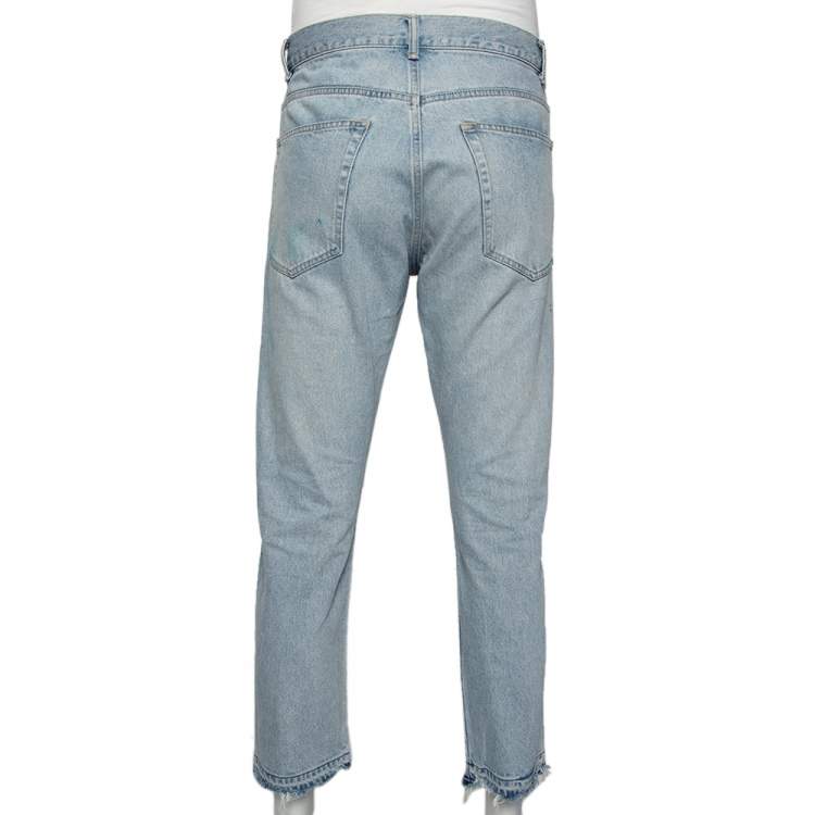 Pre Owned John Elliott Blue Denim Painted Detail Distressed Cropped Jeans M