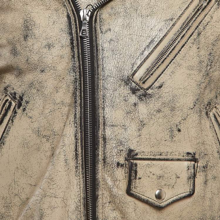 Pre Owned John Elliott X Blackmeans Beige Distress Ivory Paint Leather Riders Jacket XL