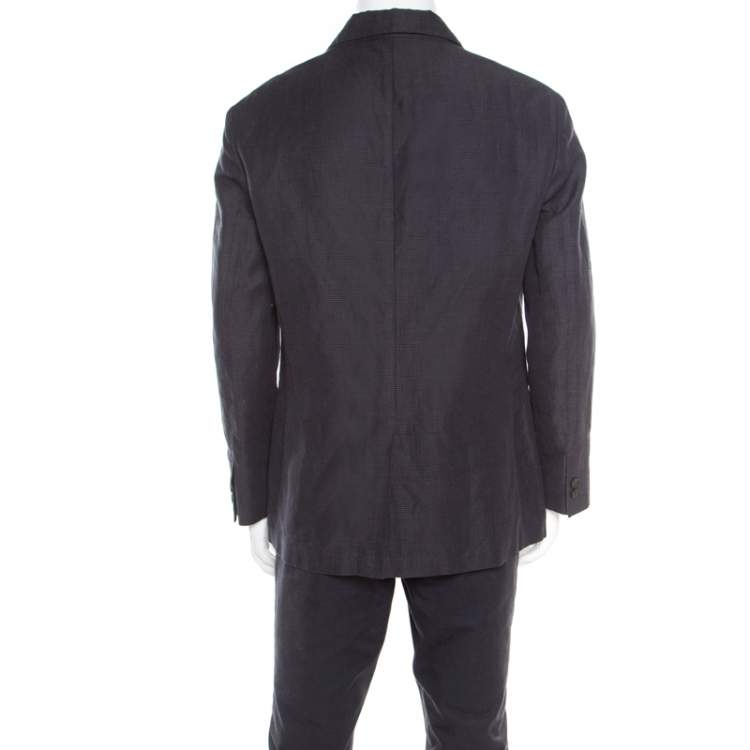 Pre Owned John Varvatos Dark Grey Houndstooth Patterned Linen Cotton Blazer XL